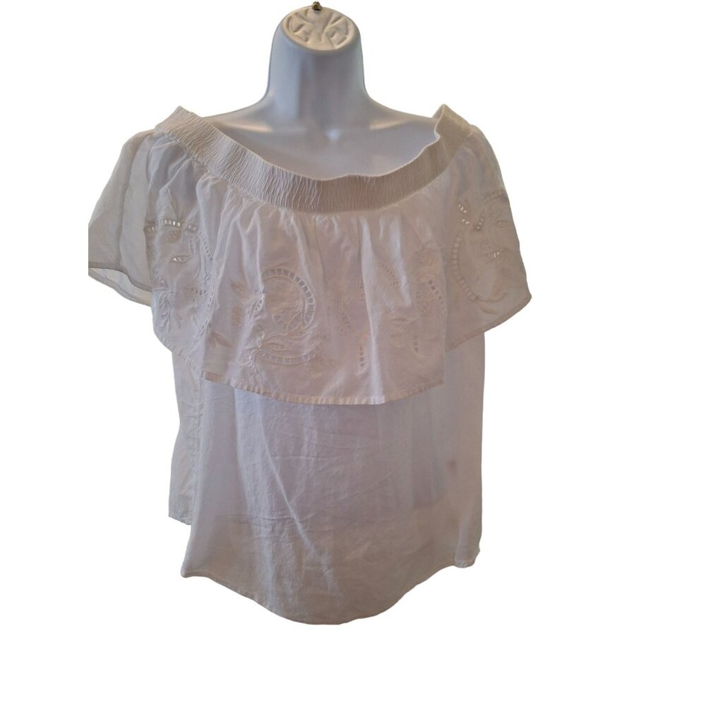 Ana Womens Large Phesant Blouse White Off Shoulder Embroidered RuffleBeach Boho
